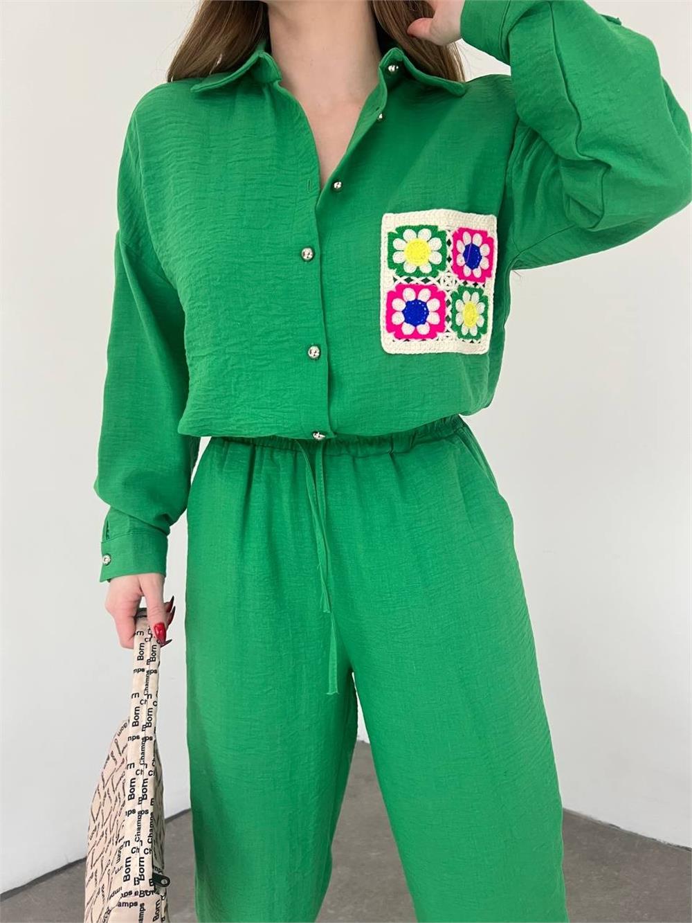 Double Linen Set with Colorful Lace Pockets -Green-358-10452-R35