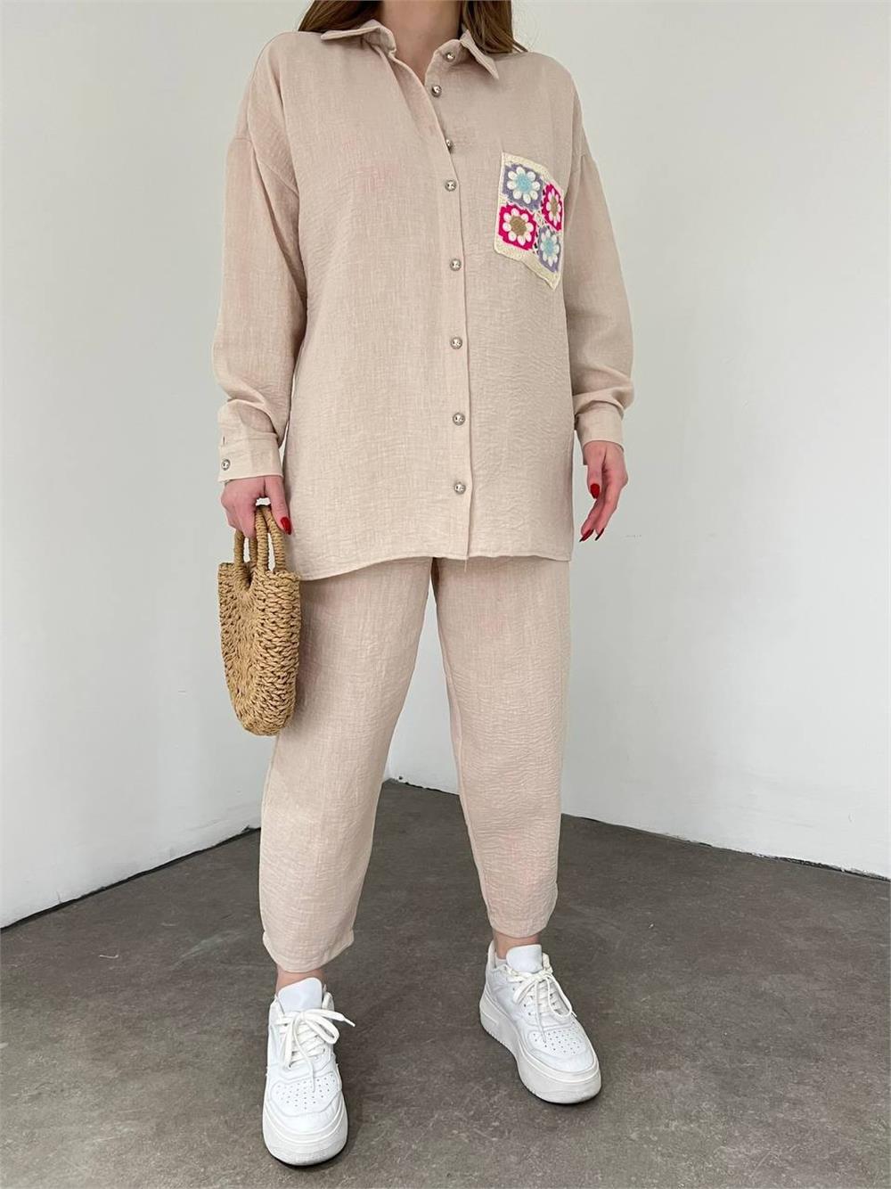 Double Linen Set with Colorful Lace Pockets -Beige-358-10452-R56
