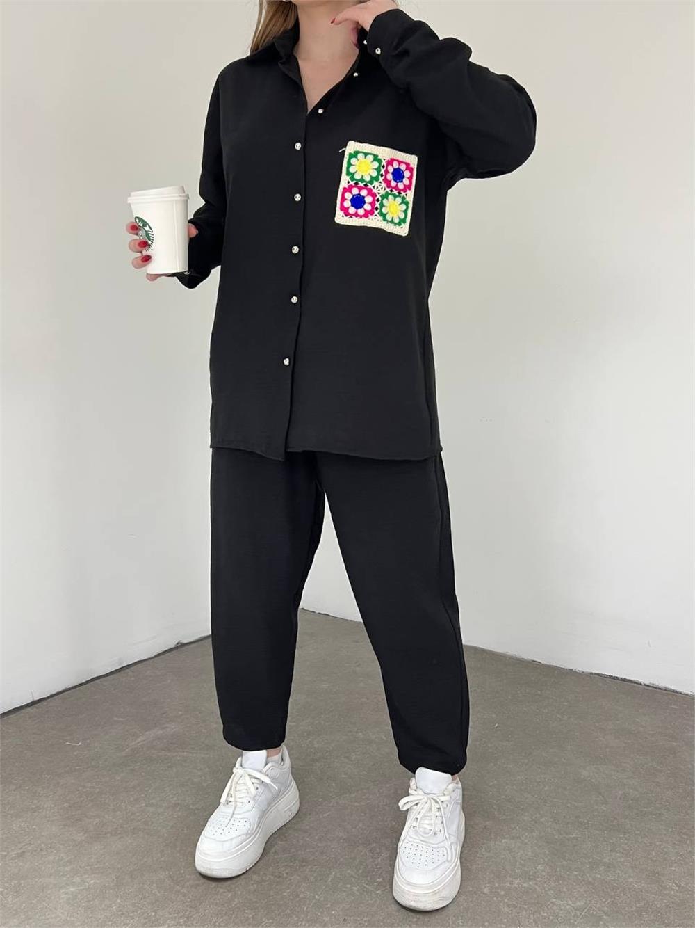 Double Linen Suit with Colorful Lace Pockets - Black-358-10452-R01