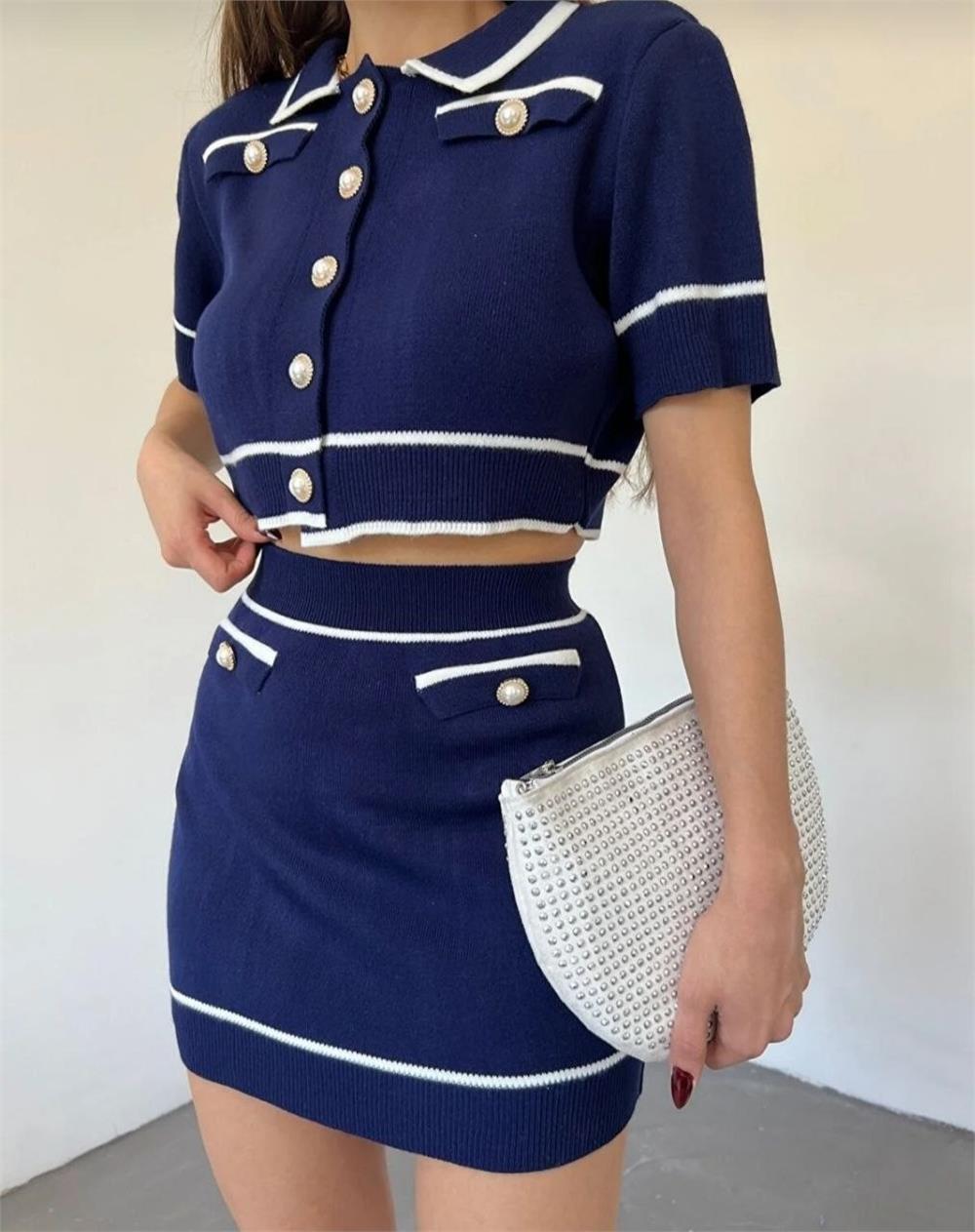 Pocket Detailed Pearl Buttoned Knitwear Crop Set - Navy Blue-385-2567-R03
