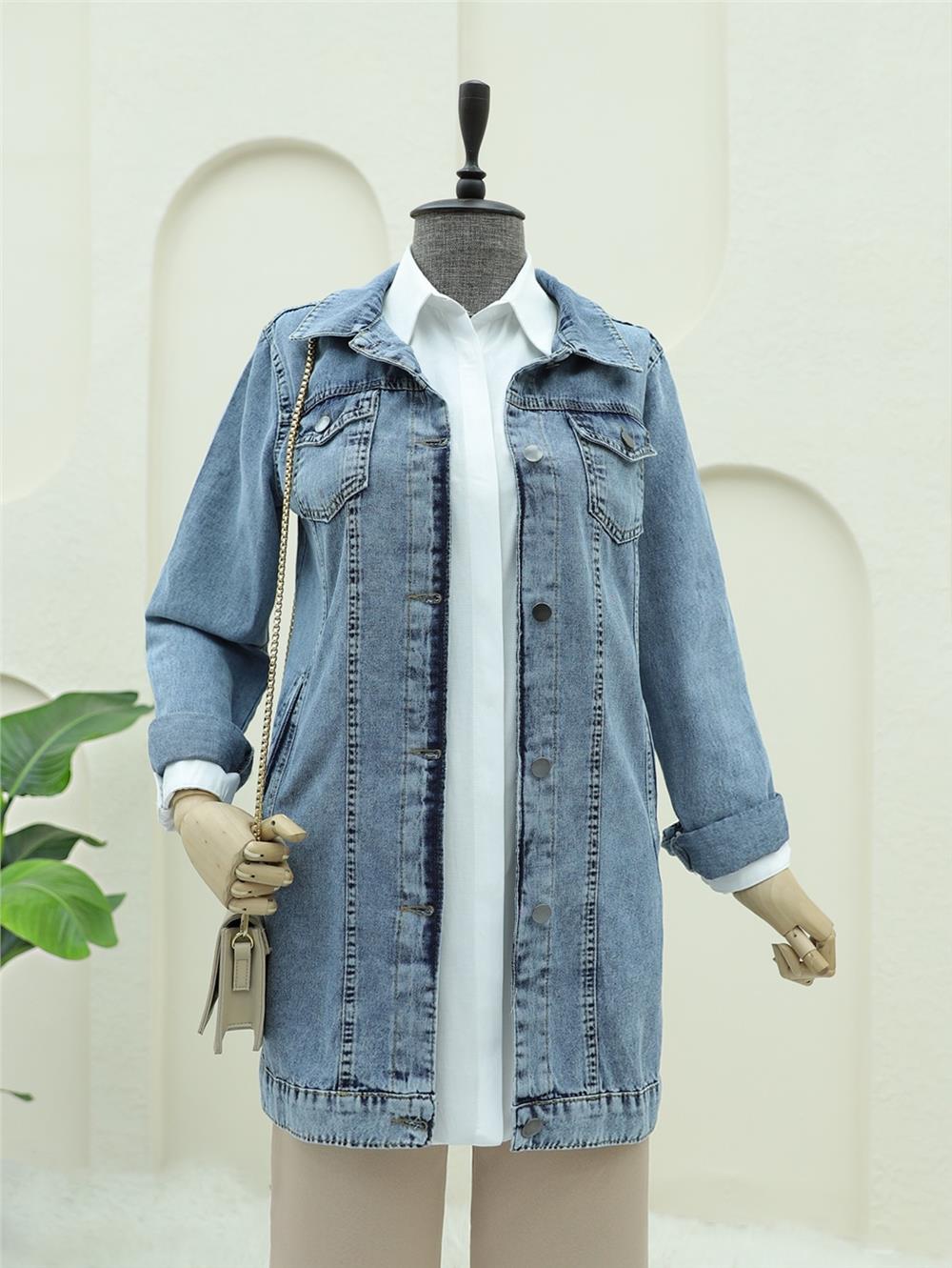 Pocket Detailed Random Wash Denim Jacket -Ice Blue-197-7920A-R37