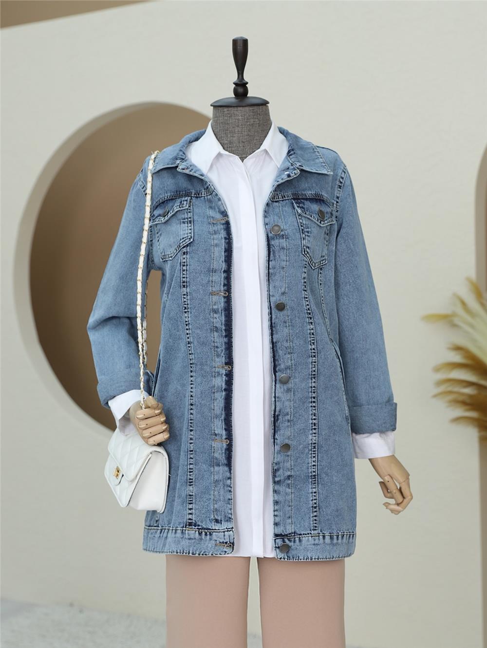Pocket Detailed Random Wash Denim Jacket -Ice Blue-197-7920A-R37