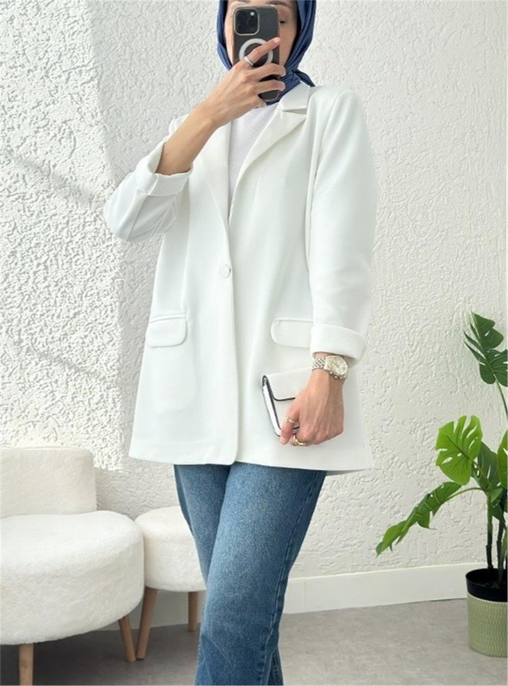 Cepli Tek Düğmeli Likralı Ceket  -Beyaz-307-2210-R02