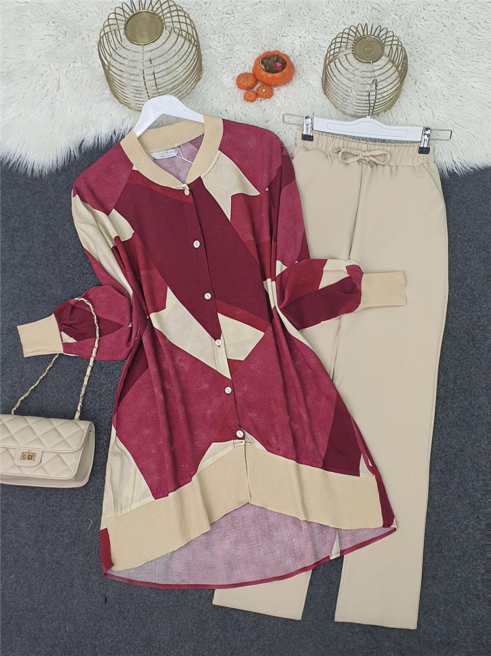 Çiçek Desen Ribanalı Düğmeli Oversize Tunik  -Bordo-199-1071-R04