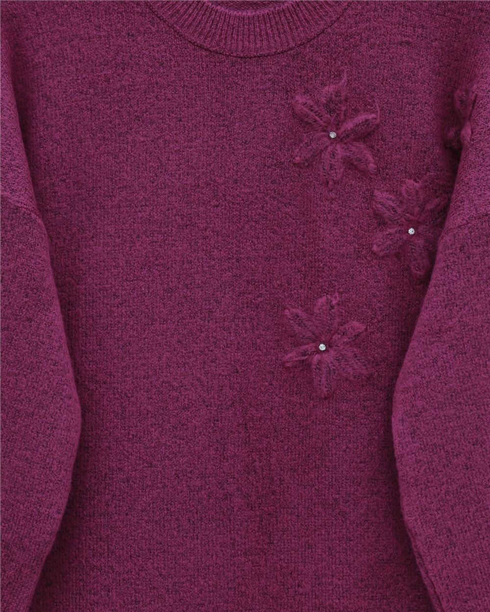 Çiçek Desenli Taşlı Yumoş Triko Kazak -Fuşya-295-4515-R14