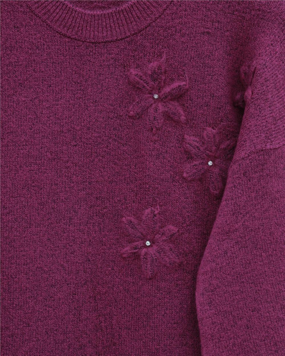 Çiçek Desenli Taşlı Yumoş Triko Kazak -Fuşya-295-4515-R14