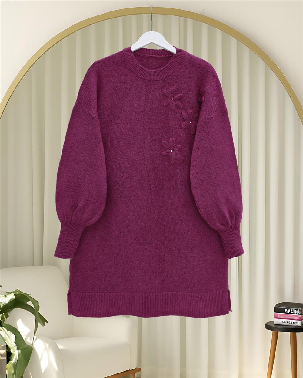 Çiçek Desenli Taşlı Yumoş Triko Kazak -Fuşya-295-4515-R14
