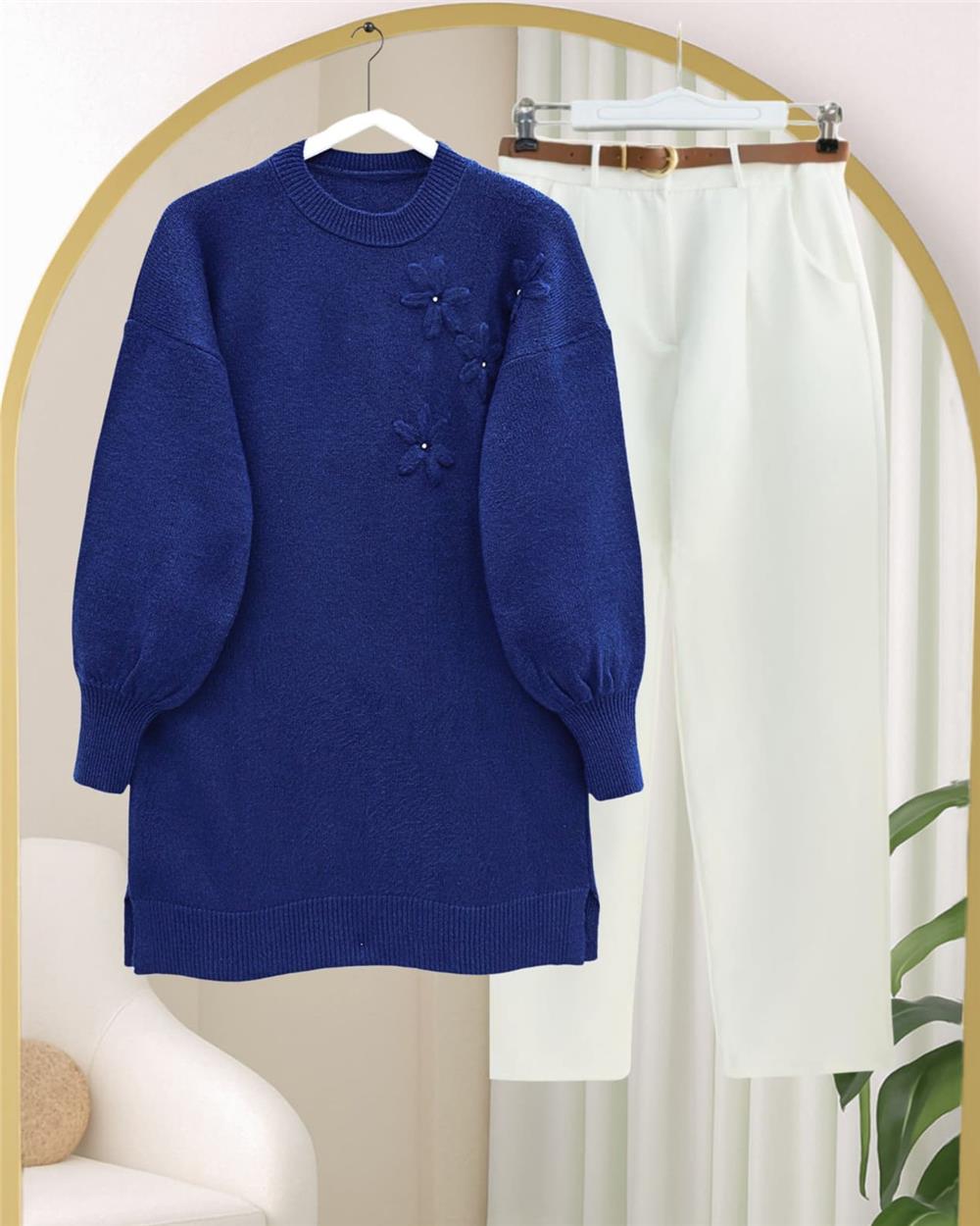 Çiçek Desenli Taşlı Yumoş Triko Kazak -Laci-295-4515-R03