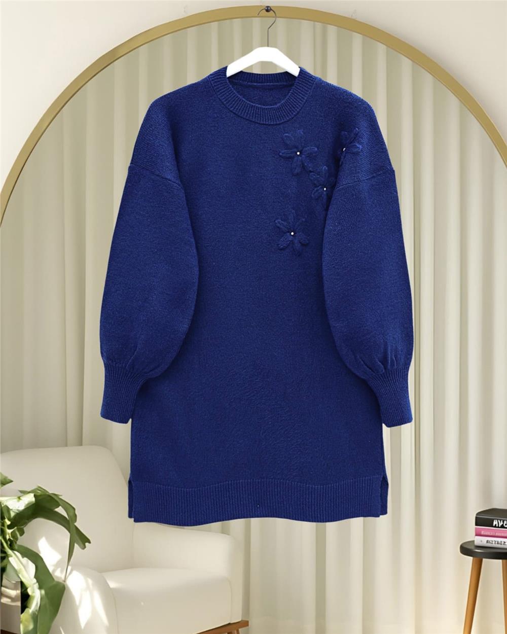 Çiçek Desenli Taşlı Yumoş Triko Kazak -Laci-295-4515-R03