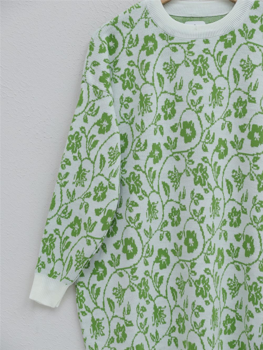 Floral Patterned Round Neck Knitwear Tunic -F.Green-109-9584-R67