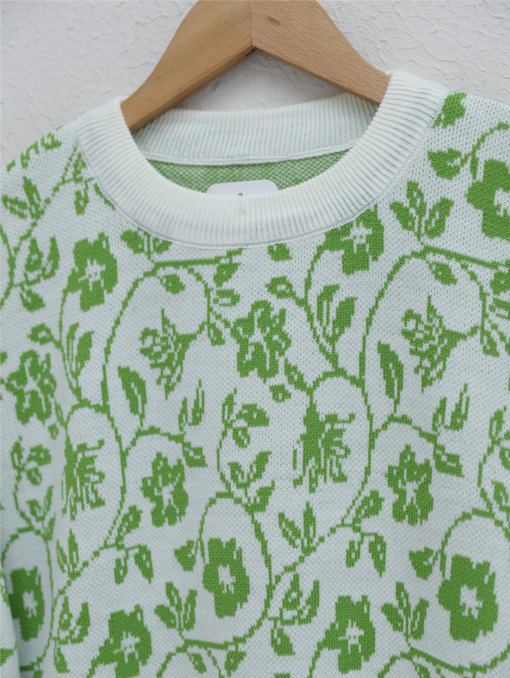 Floral Patterned Round Neck Knitwear Tunic -F.Green-109-9584-R67
