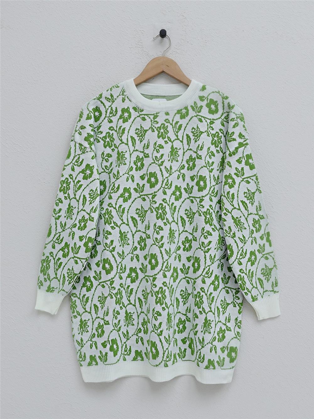 Floral Patterned Round Neck Knitwear Tunic -F.Green-109-9584-R67