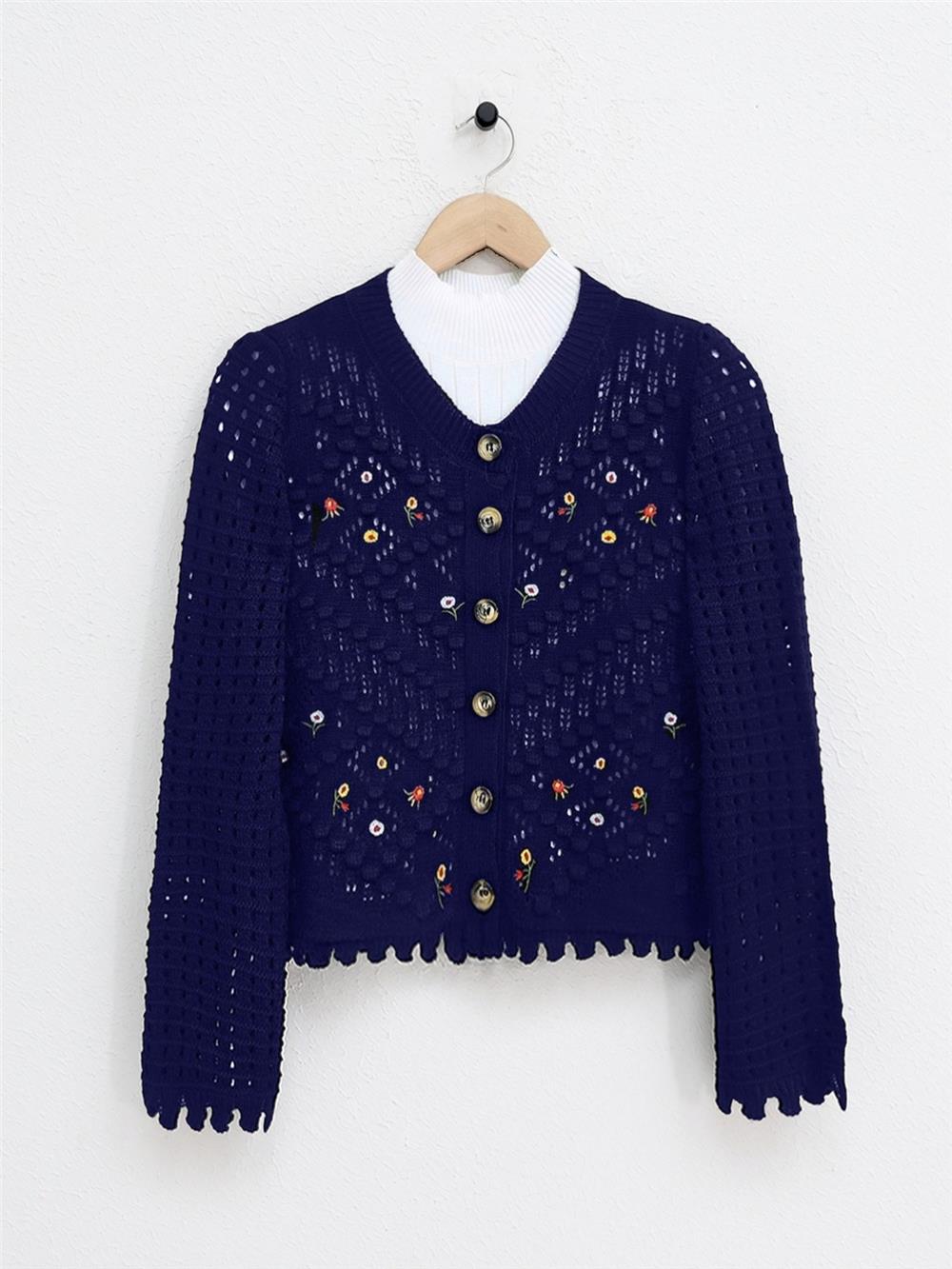 Floral Embroidered Pompom Openwork Knitwear Cardigan - Navy Blue-109-0642-R03