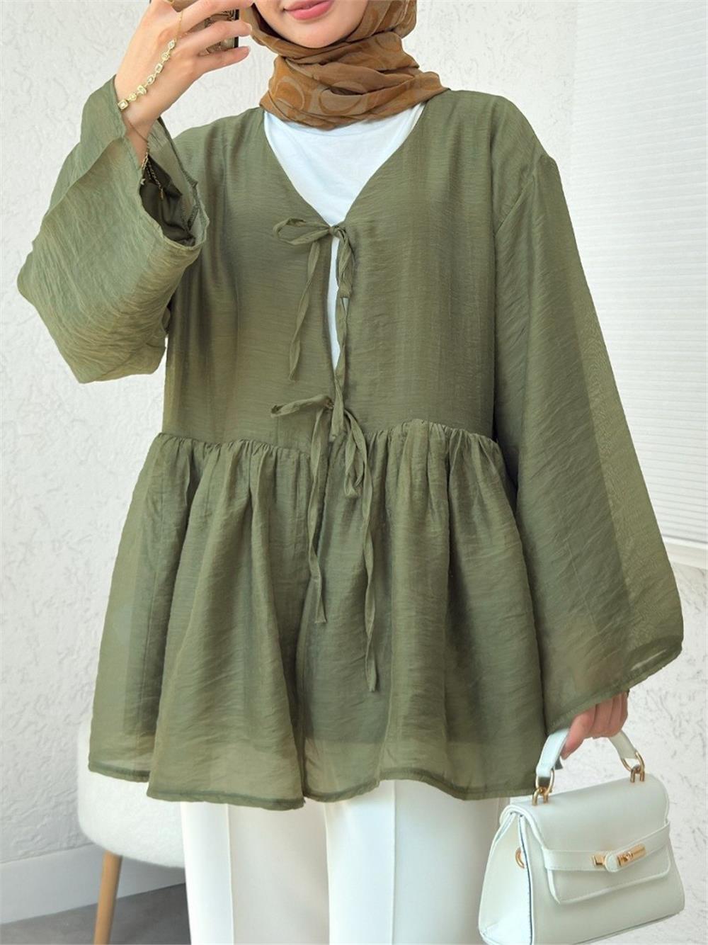 Çift Bağlamalı İçi Astarlı Modal Kimono -Haki-307-2389-R05