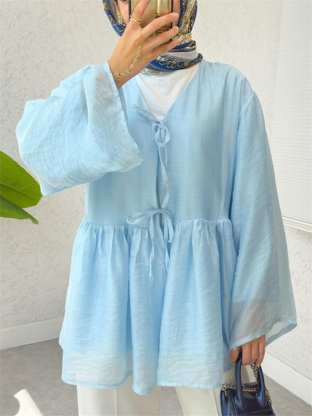 Çift Bağlamalı İçi Astarlı Modal Kimono -Bebe Mavi-307-2389-R32