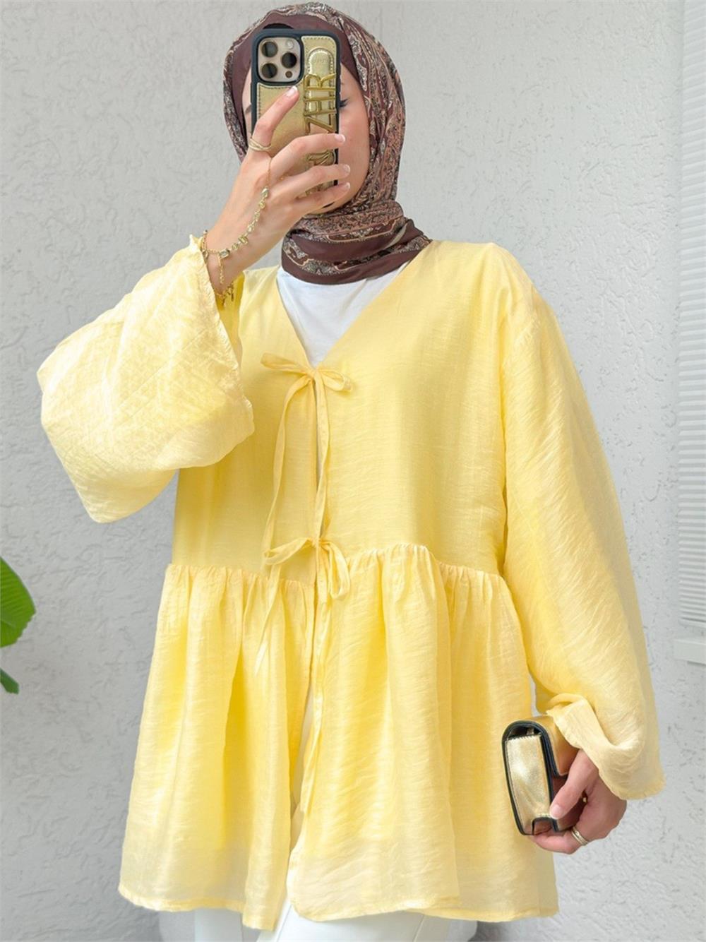 Çift Bağlamalı İçi Astarlı Modal Kimono -Sarı-307-2389-R22