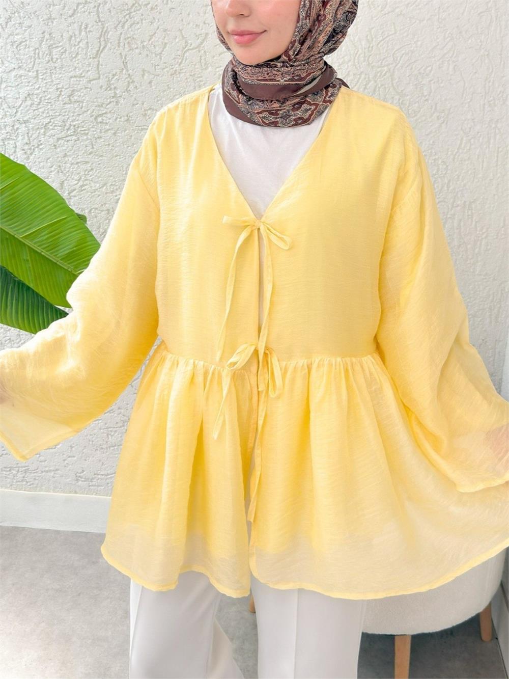 Çift Bağlamalı İçi Astarlı Modal Kimono -Sarı-307-2389-R22