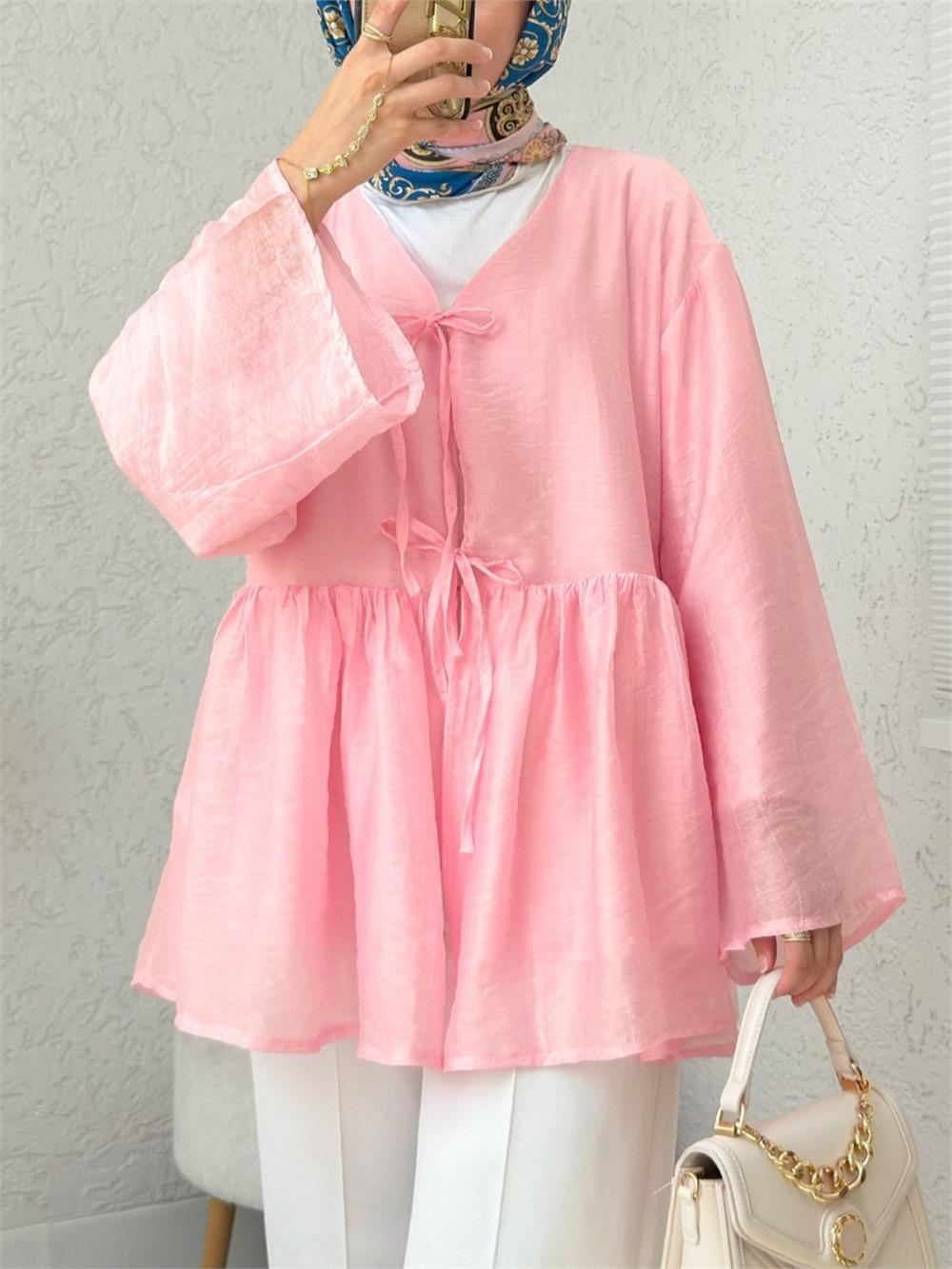 Çift Bağlamalı İçi Astarlı Modal Kimono -Pembe-307-2389-R20
