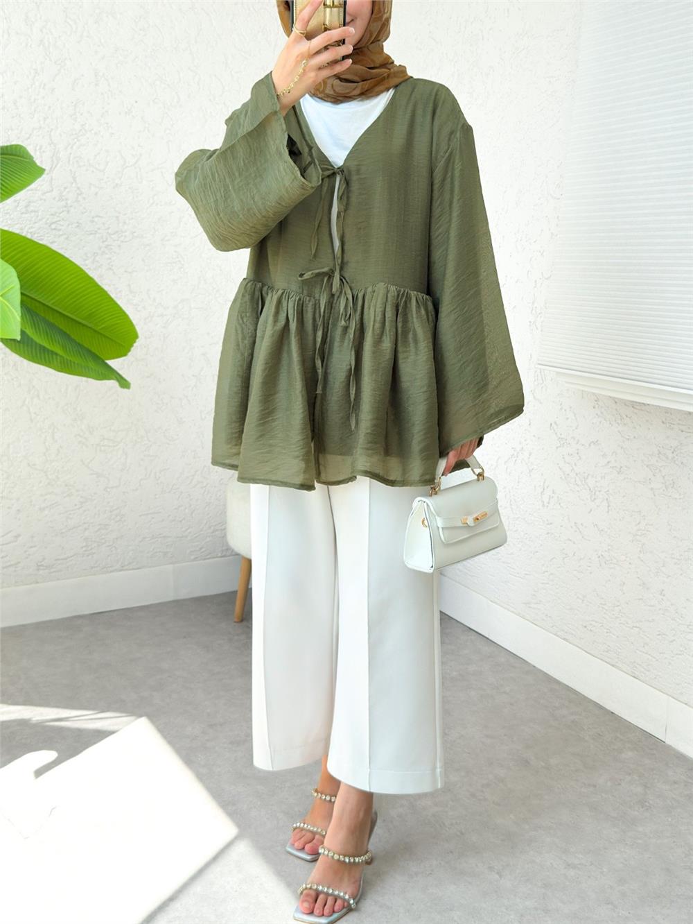 Çift Bağlamalı İçi Astarlı Modal Kimono -Haki-307-2389-R05