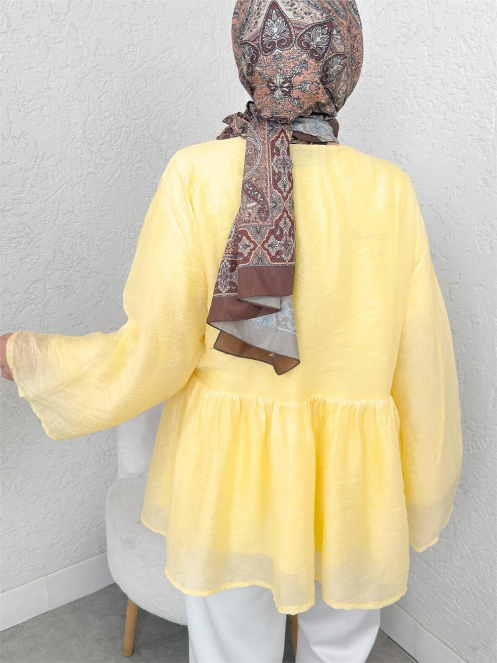 Çift Bağlamalı İçi Astarlı Modal Kimono -Sarı-307-2389-R22