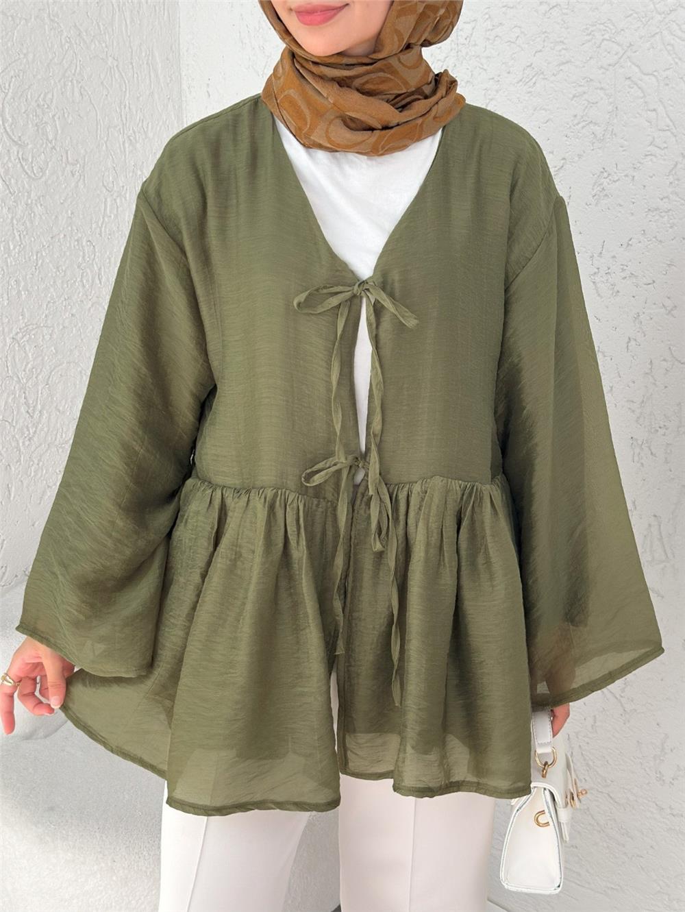 Çift Bağlamalı İçi Astarlı Modal Kimono -Haki-307-2389-R05