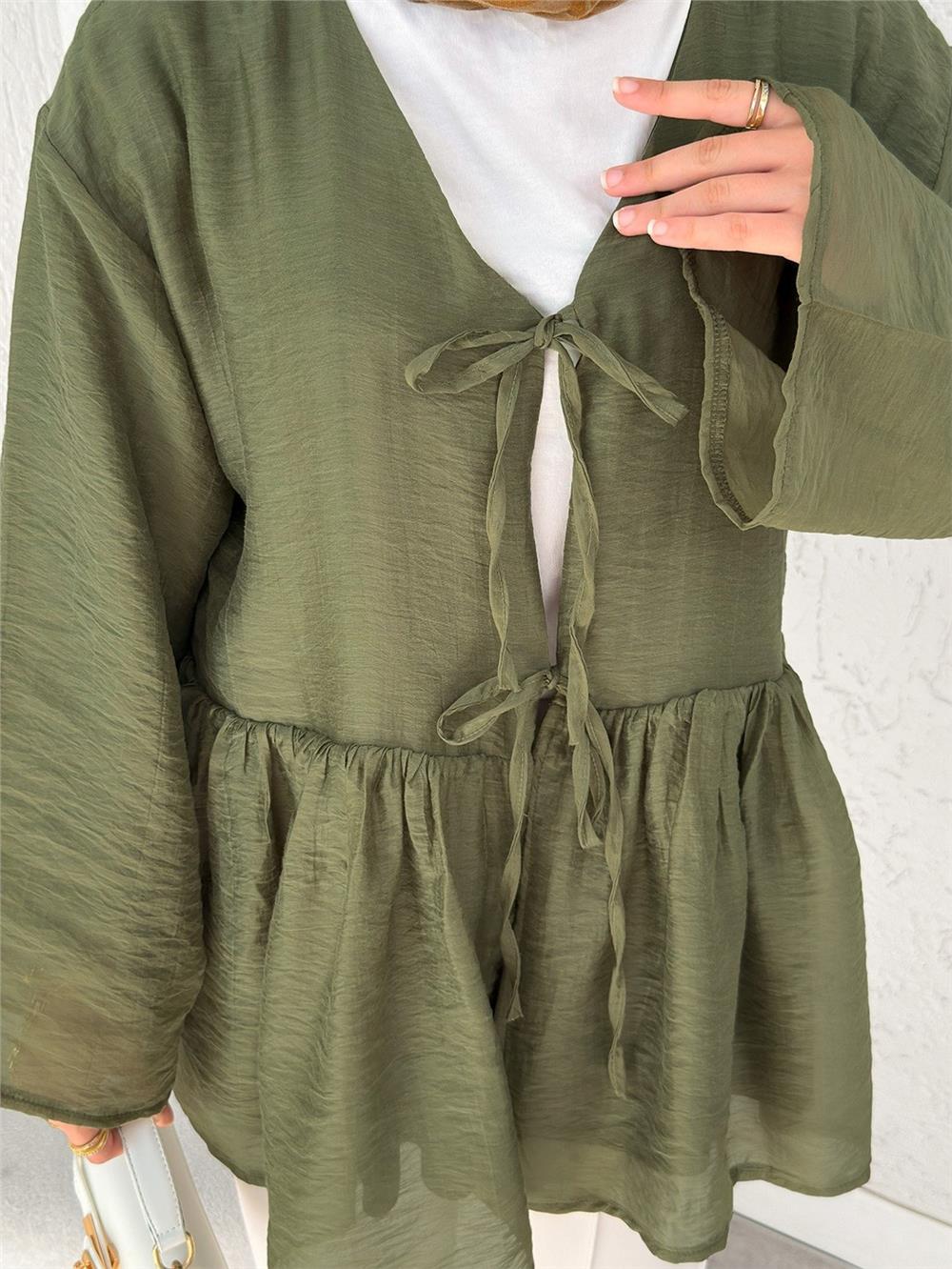 Çift Bağlamalı İçi Astarlı Modal Kimono -Haki-307-2389-R05