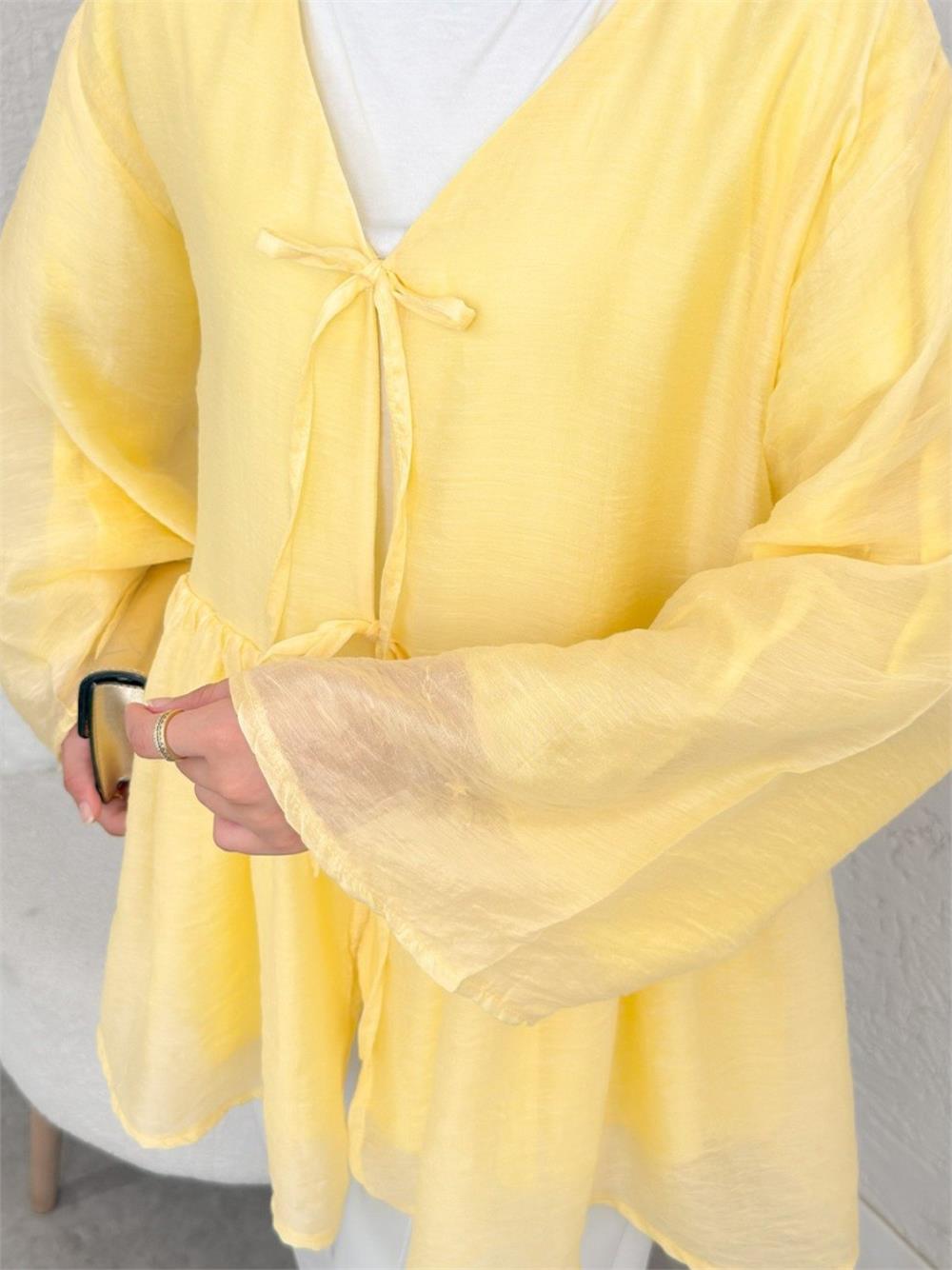Çift Bağlamalı İçi Astarlı Modal Kimono -Sarı-307-2389-R22