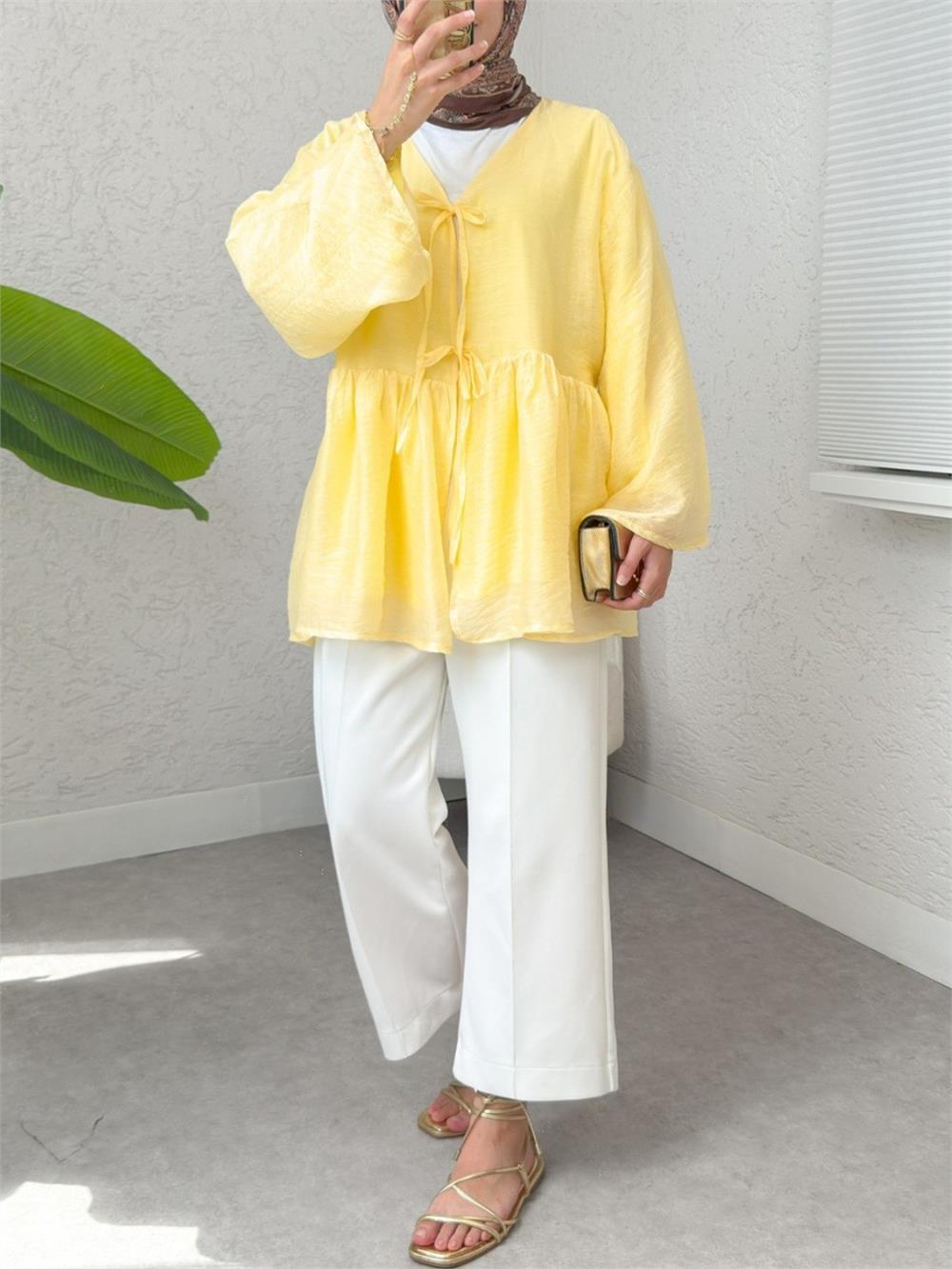 Çift Bağlamalı İçi Astarlı Modal Kimono -Sarı-307-2389-R22