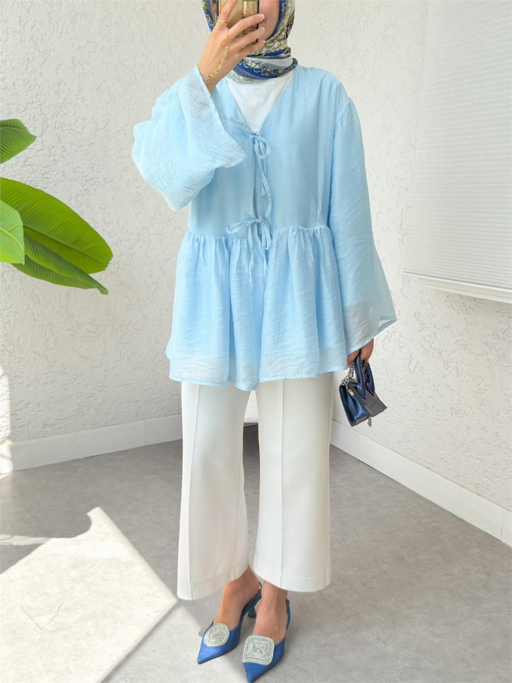 Çift Bağlamalı İçi Astarlı Modal Kimono -Bebe Mavi-307-2389-R32