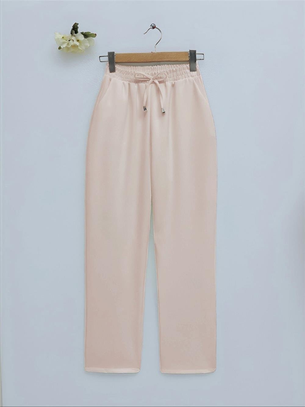 Çift Cepli Beli Lastikli Bağcık Detaylı Pantolon -Bej-326-9093-R56