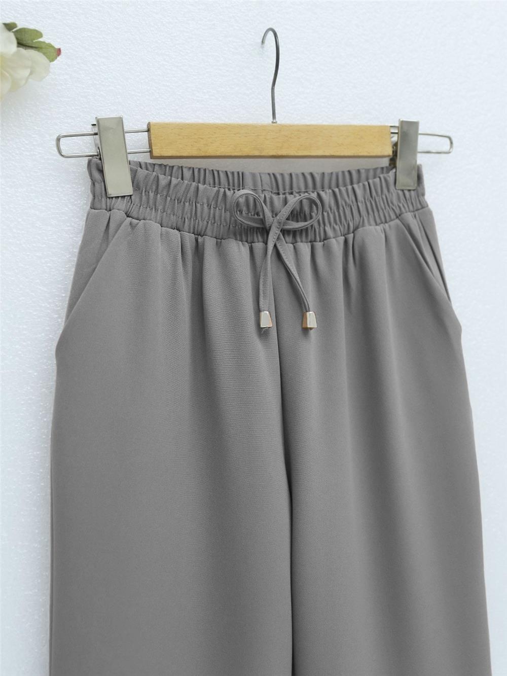 Çift Cepli Beli Lastikli Bağcık Detaylı Pantolon -Gri-326-9093-R11