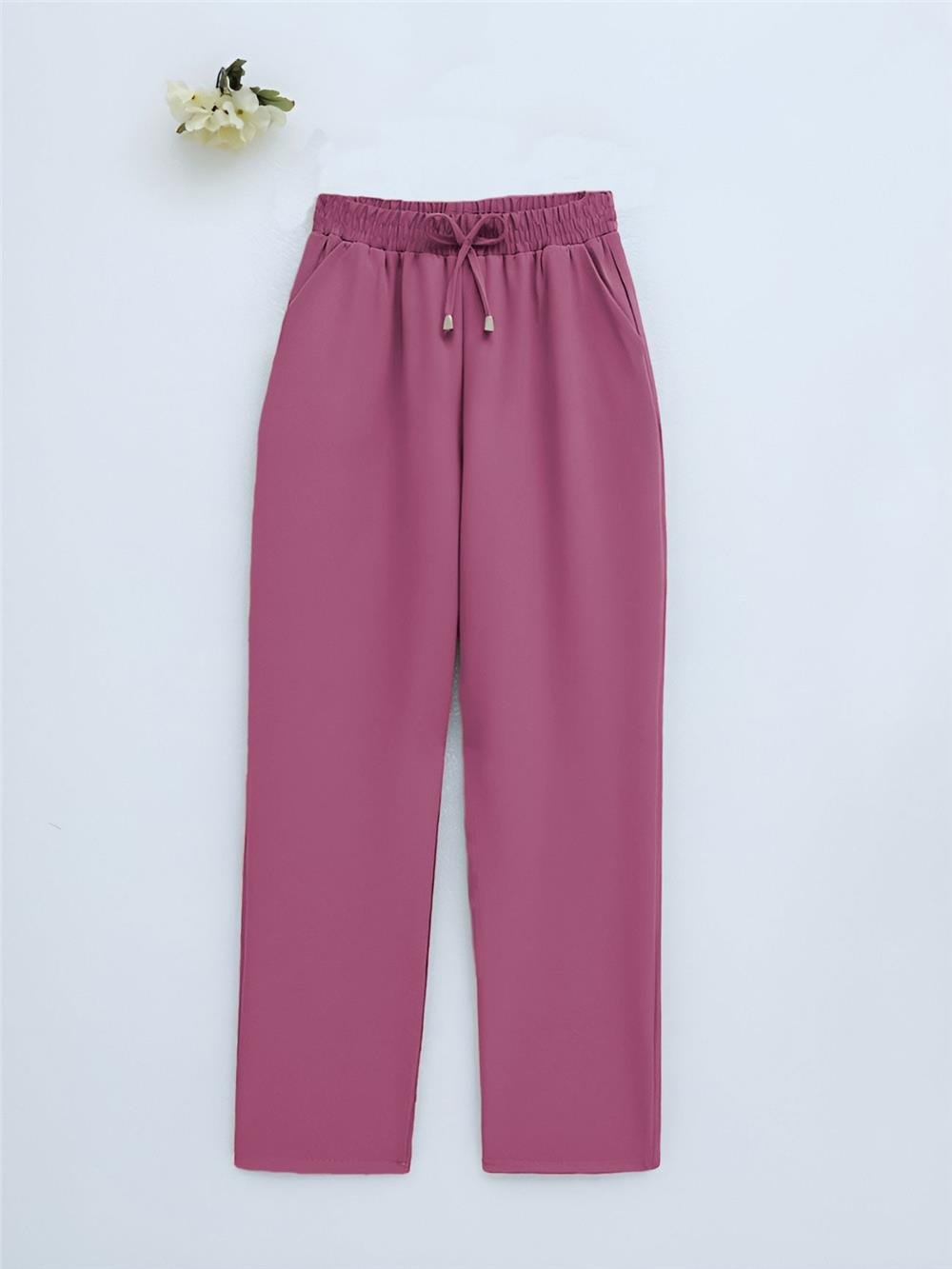 Çift Cepli Beli Lastikli Bağcık Detaylı Pantolon  -Pembe-326-9093-R20