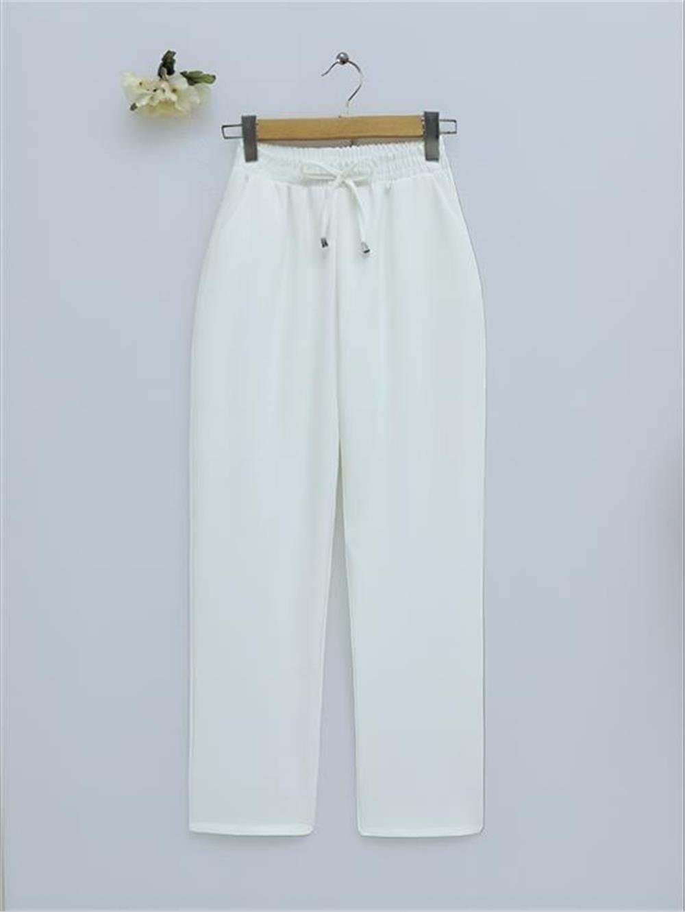 Çift Cepli Beli Lastikli Bağcık Detaylı Pantolon   -Beyaz-326-9093-R02