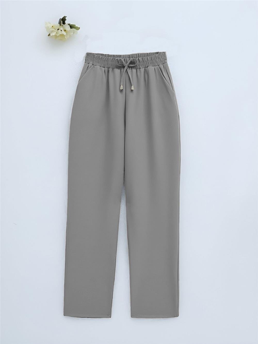 Çift Cepli Beli Lastikli Bağcık Detaylı Pantolon -Gri-326-9093-R11