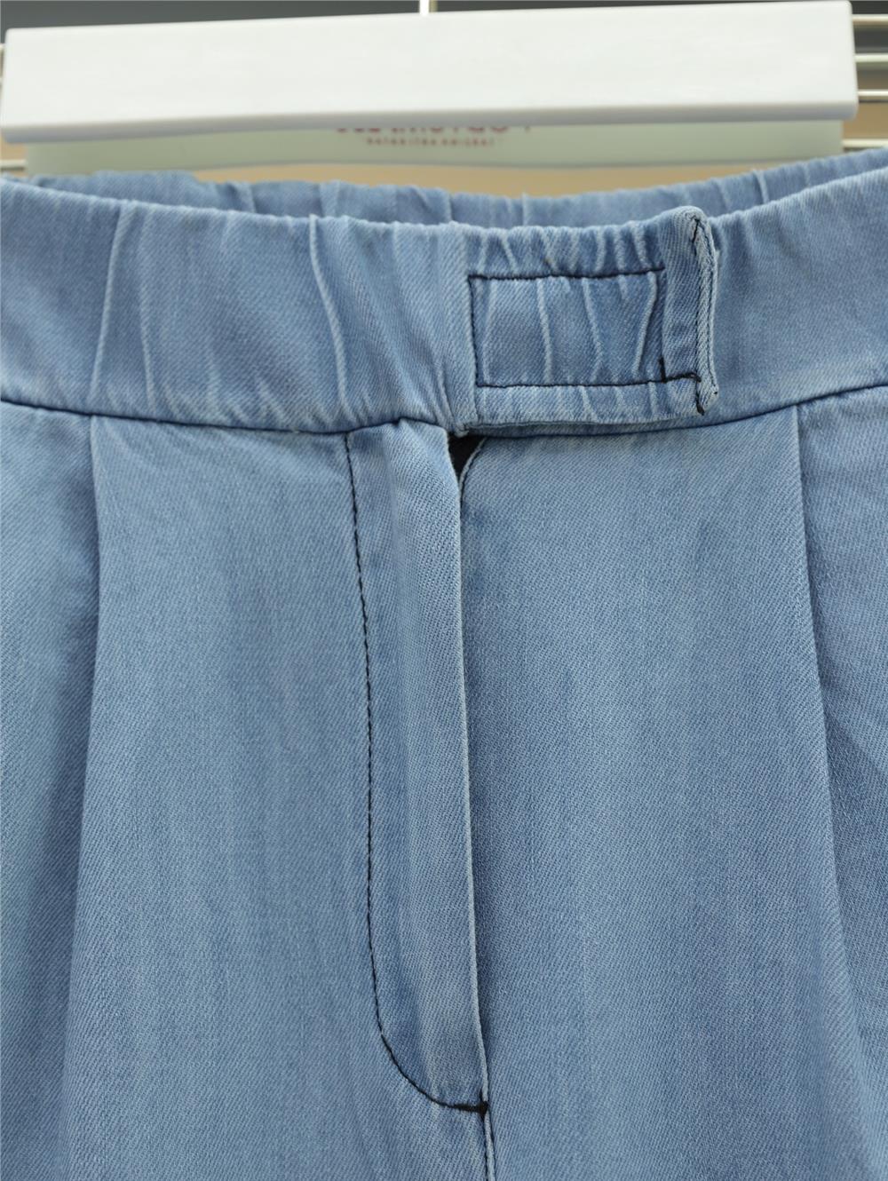 Çift Cepli Beli Lastikli Cırtlı Pileli Pantolon  -Açık Mavi-417-17852-R25