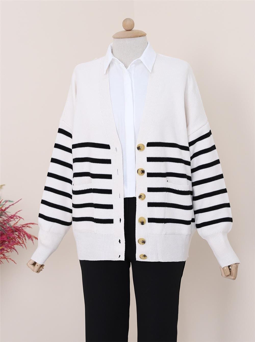 Double Pocket Striped Buttoned Cardigan -Ecru-109-0530-R07