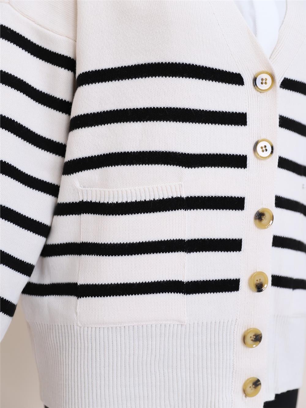 Double Pocket Striped Buttoned Cardigan -Ecru-109-0530-R07