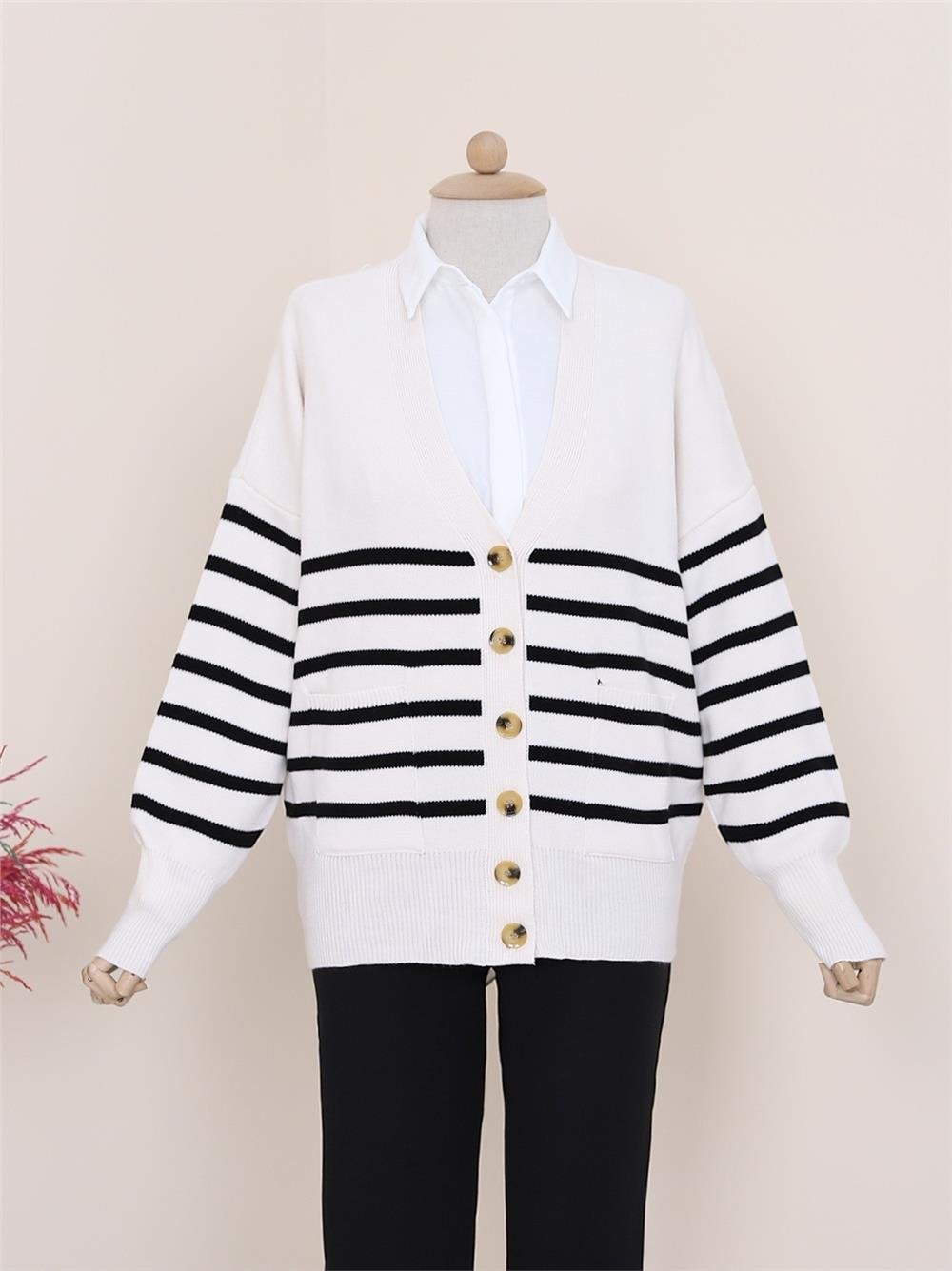 Double Pocket Striped Buttoned Cardigan -Ecru-109-0530-R07