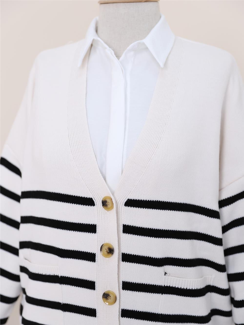 Double Pocket Striped Buttoned Cardigan -Ecru-109-0530-R07
