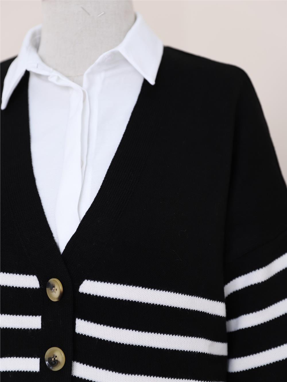 Double Pocket Striped Buttoned Cardigan -Black-109-0530-R01