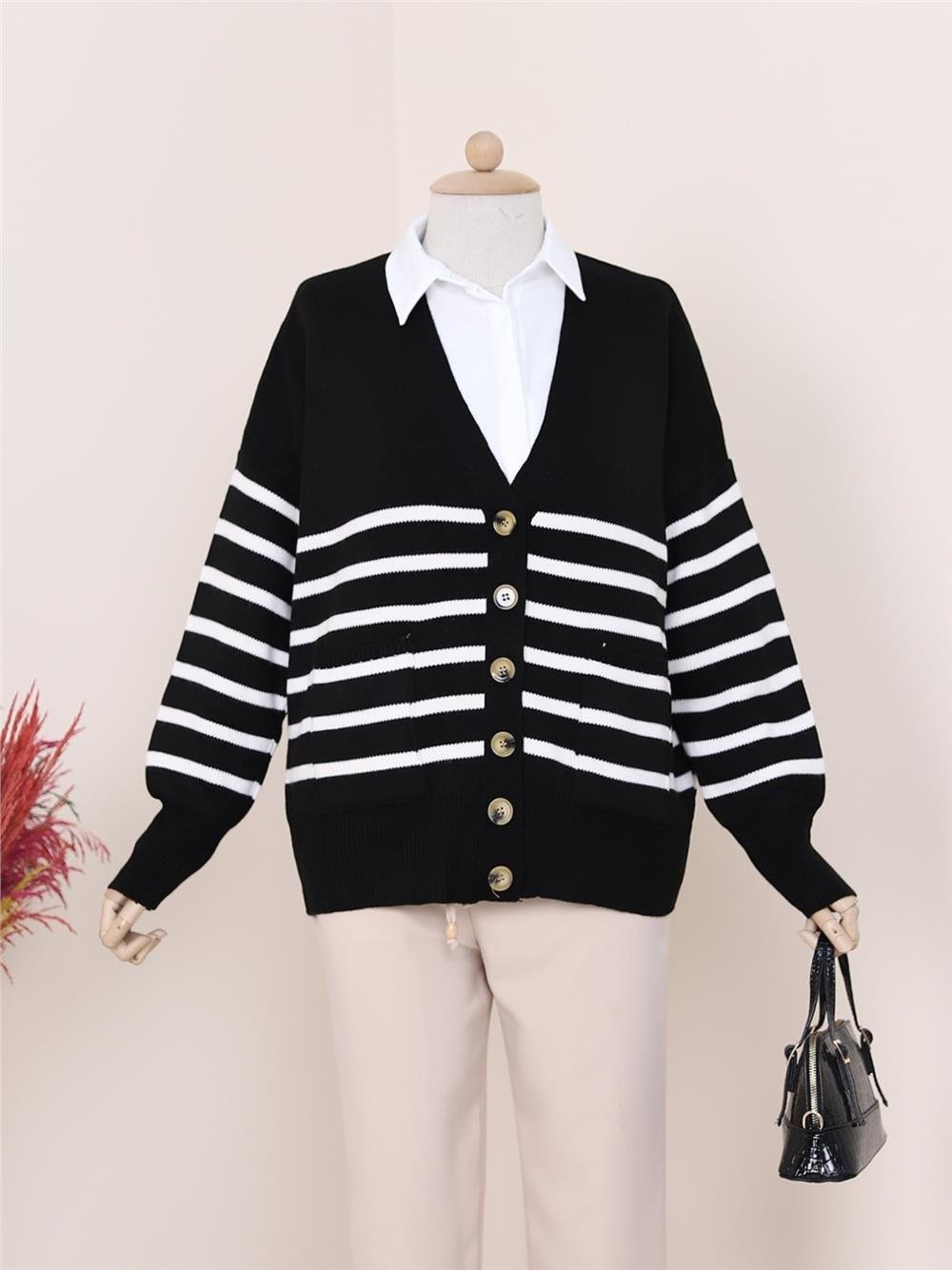 Double Pocket Striped Buttoned Cardigan -Black-109-0530-R01