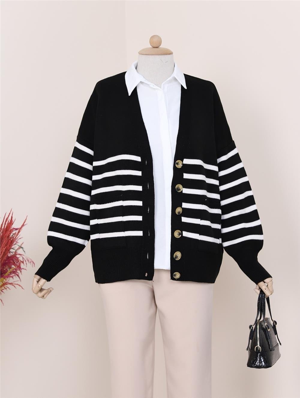 Double Pocket Striped Buttoned Cardigan -Black-109-0530-R01