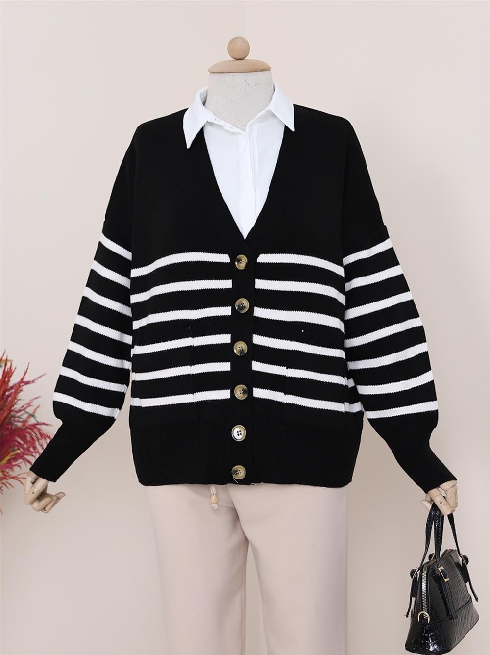 Double Pocket Striped Buttoned Cardigan -Black-109-0530-R01