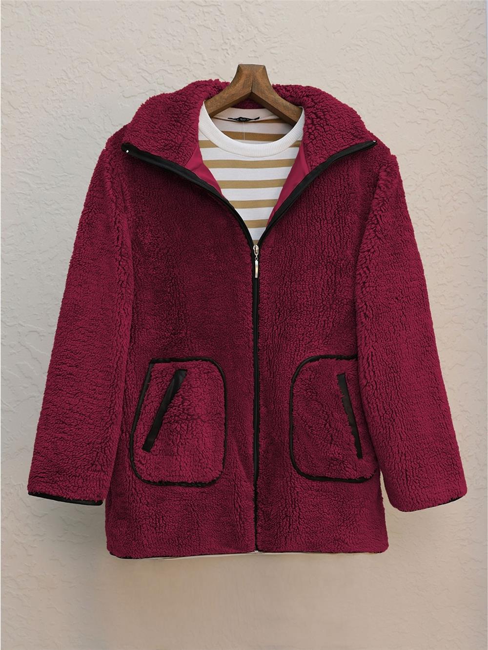 Çift Cepli Fermuarlı Astarlı Peluş Mont  -Bordo-307-2178-R04