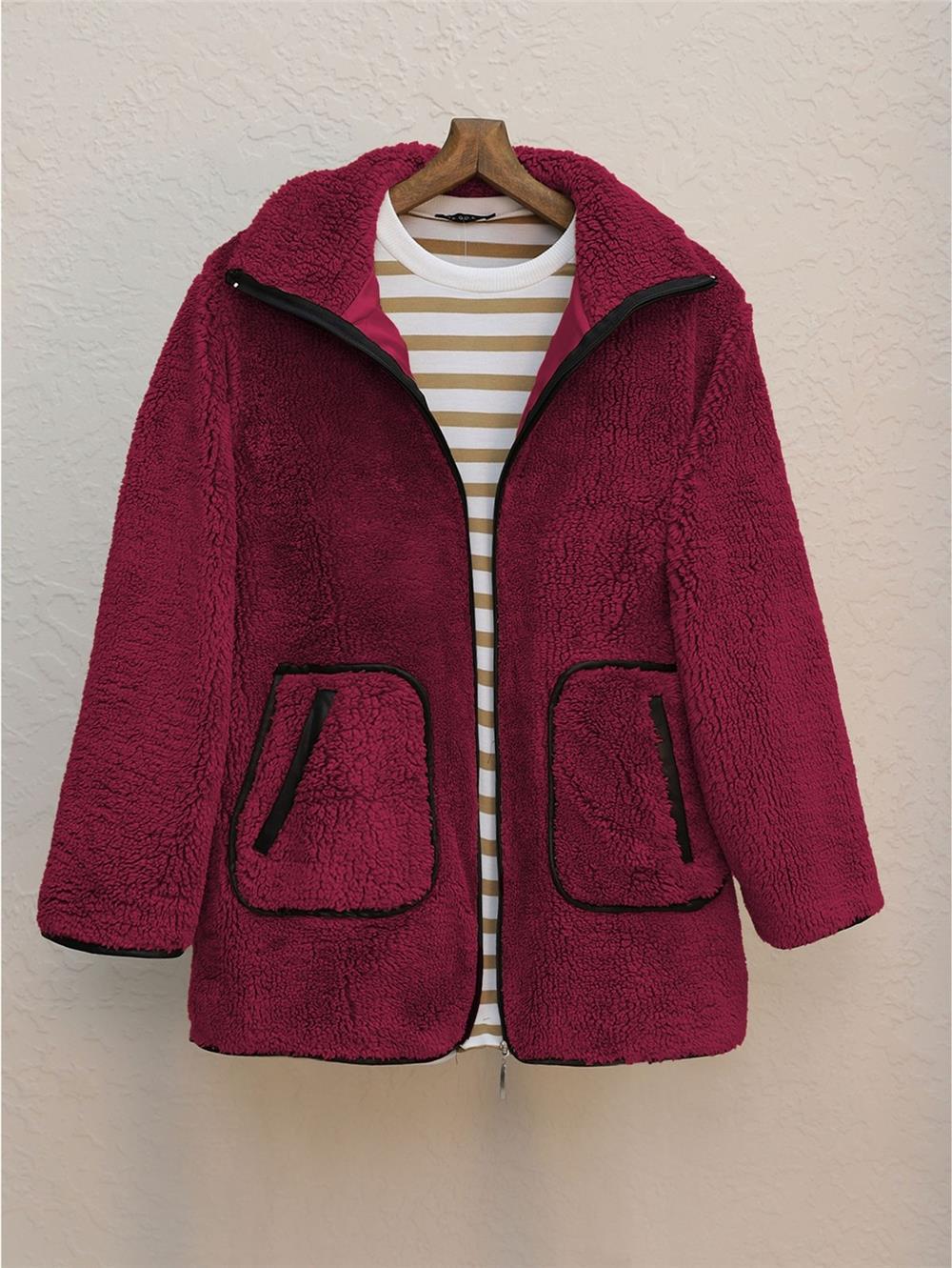 Çift Cepli Fermuarlı Astarlı Peluş Mont  -Bordo-307-2178-R04