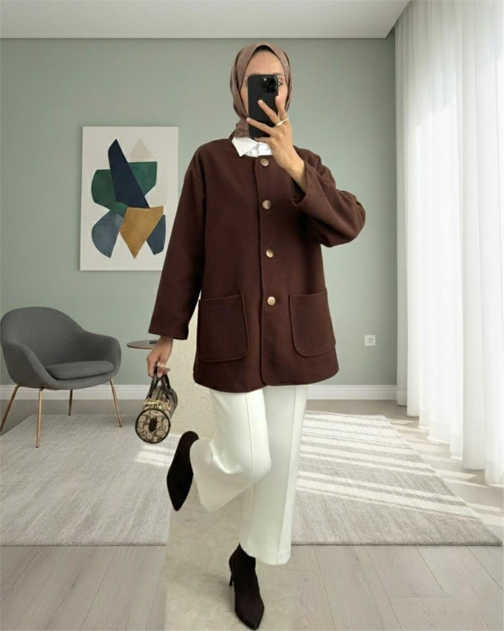 Çift Cepli Önü Düğmeli Kaşe Ceket -Kahve-307-0017-R15