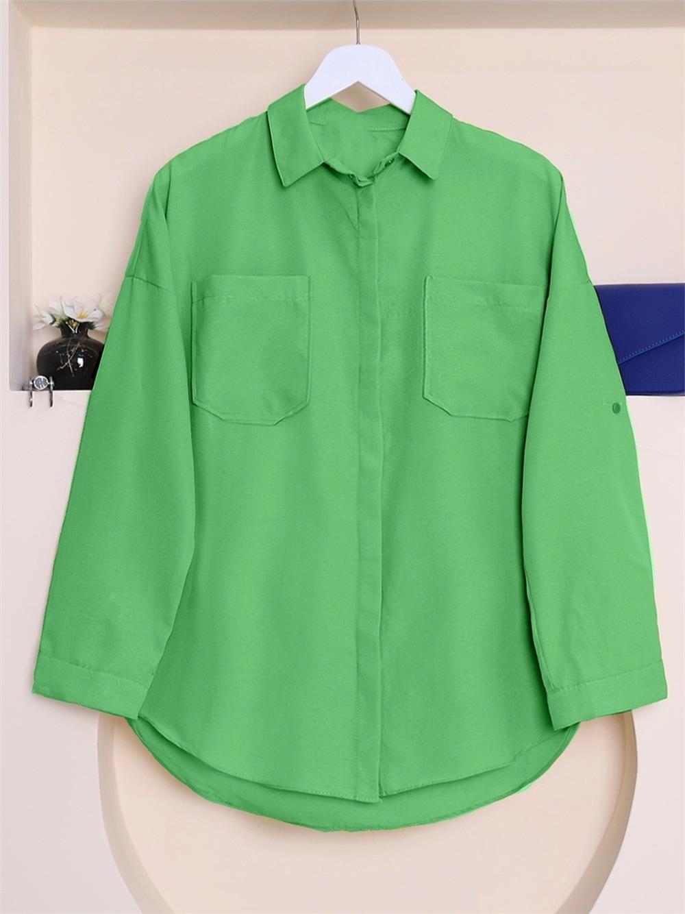 Double Pocket Oval Cut Button Shirt - Green-357-10044-R35