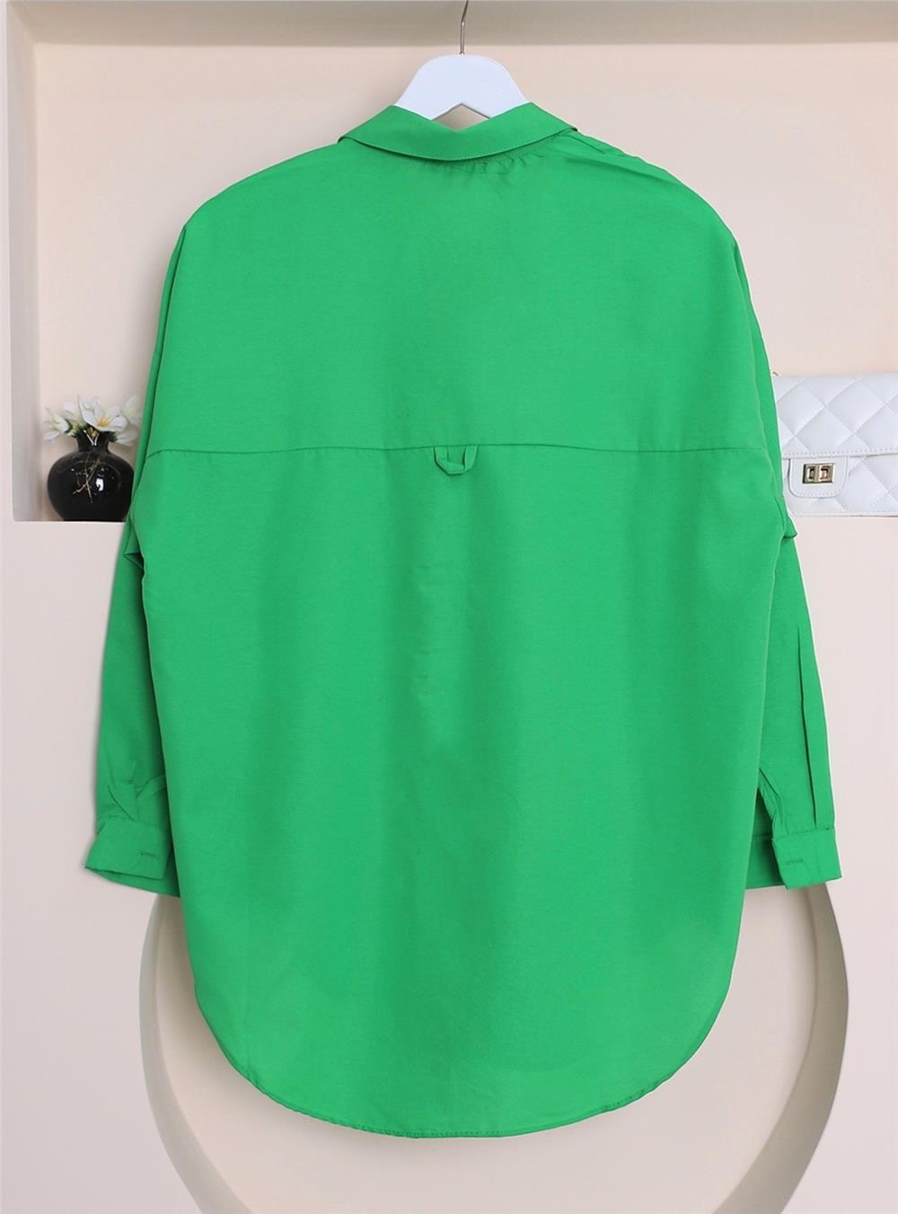 Double Pocket Oval Cut Button Shirt - Green-357-10044-R35