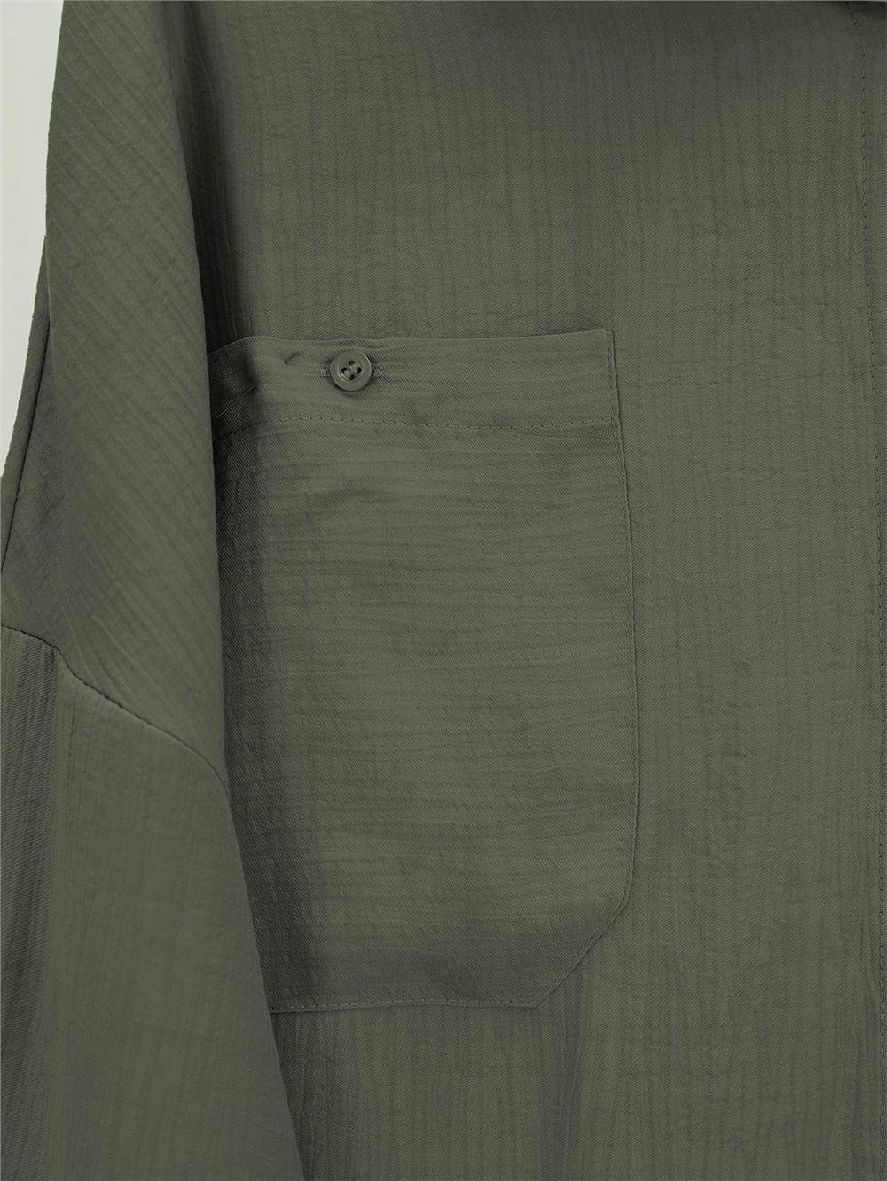 Çift Cepli Oval Kesim Kolu Katlamalı Gömlek Tunik -Haki-317-2420-R05