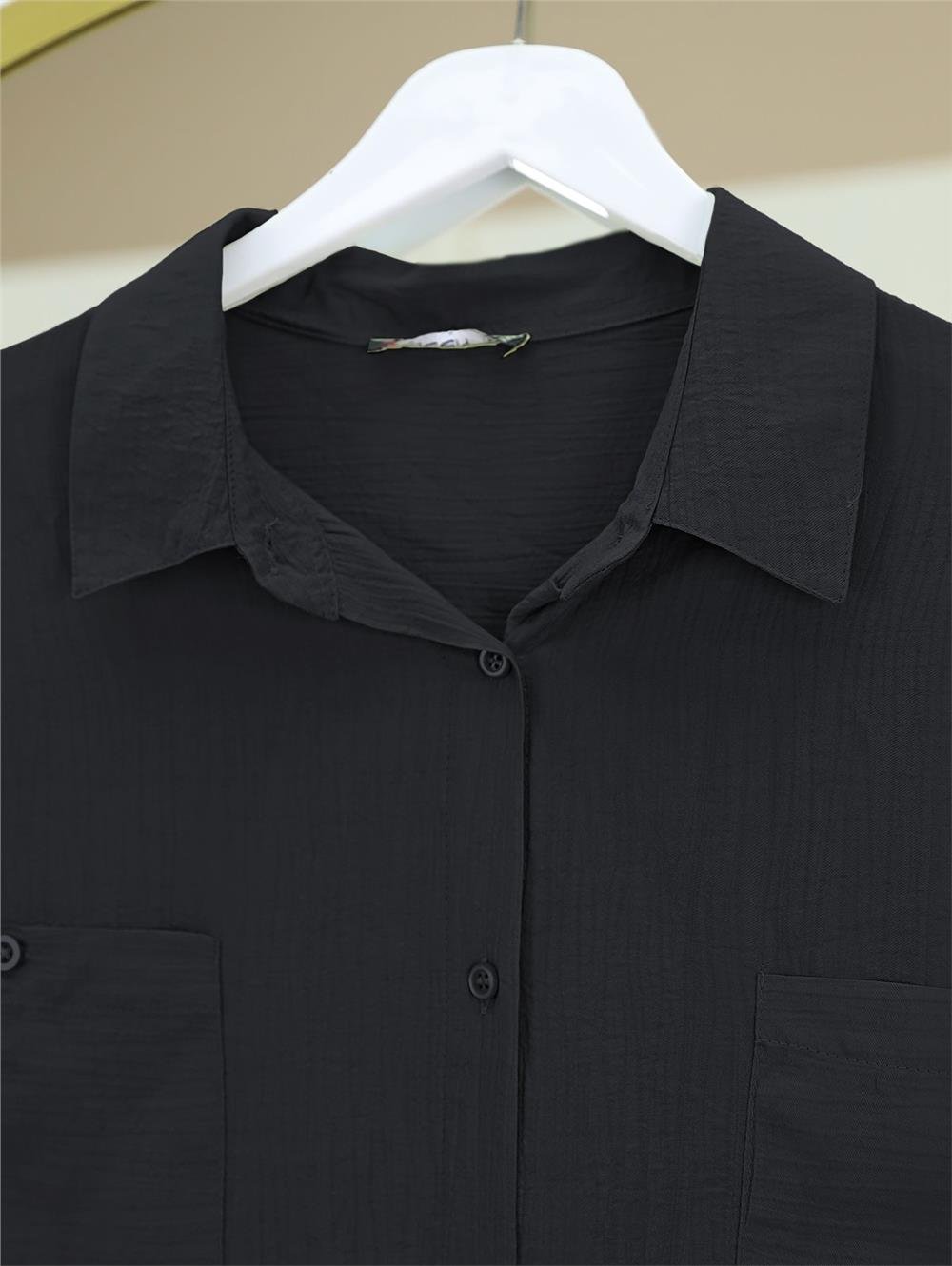 Çift Cepli Oval Kesim Kolu Katlamalı Gömlek Tunik -Siyah-317-2420-R01